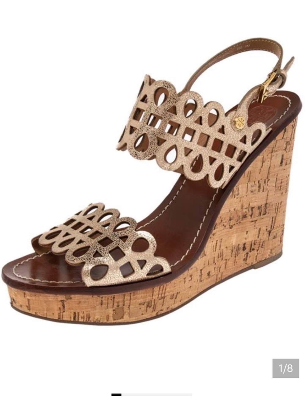 Tory Burch Nori Metallic Gold Cork Wedge Sandals